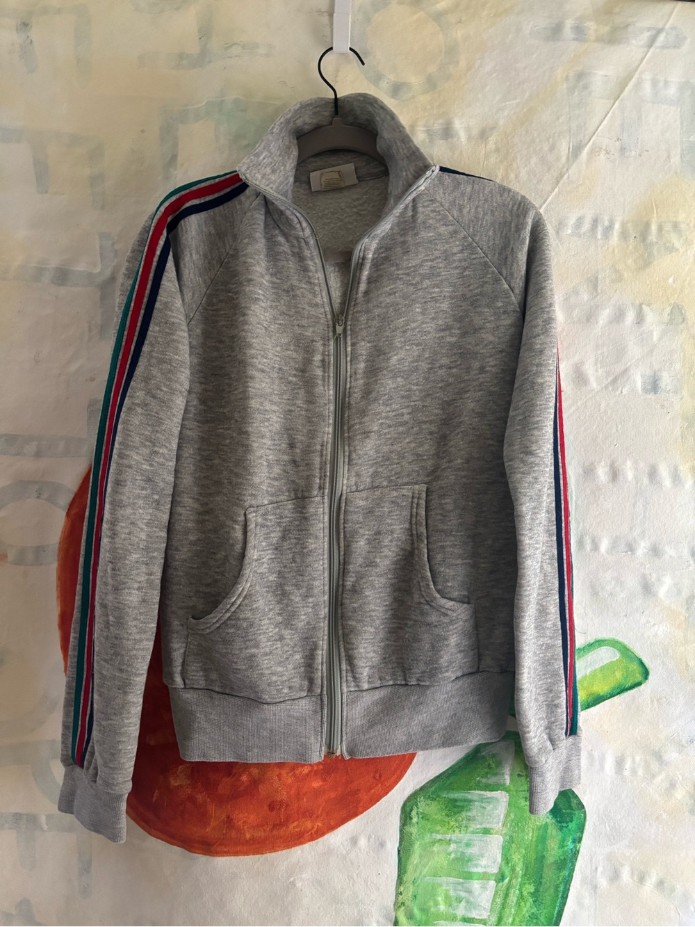 Vintage 70s Gray Zip-Up Track Jacket with Striped Sleeves